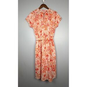 Vintage Floral Keyhole Midi Dress Orange Red Short Sleeve Belted Pockets Womens